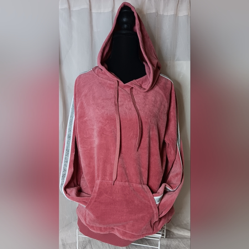 Jessica Simpson Women's Size L Warm Up Hoodie Pouch Pocket Silver Stripe on Slvs